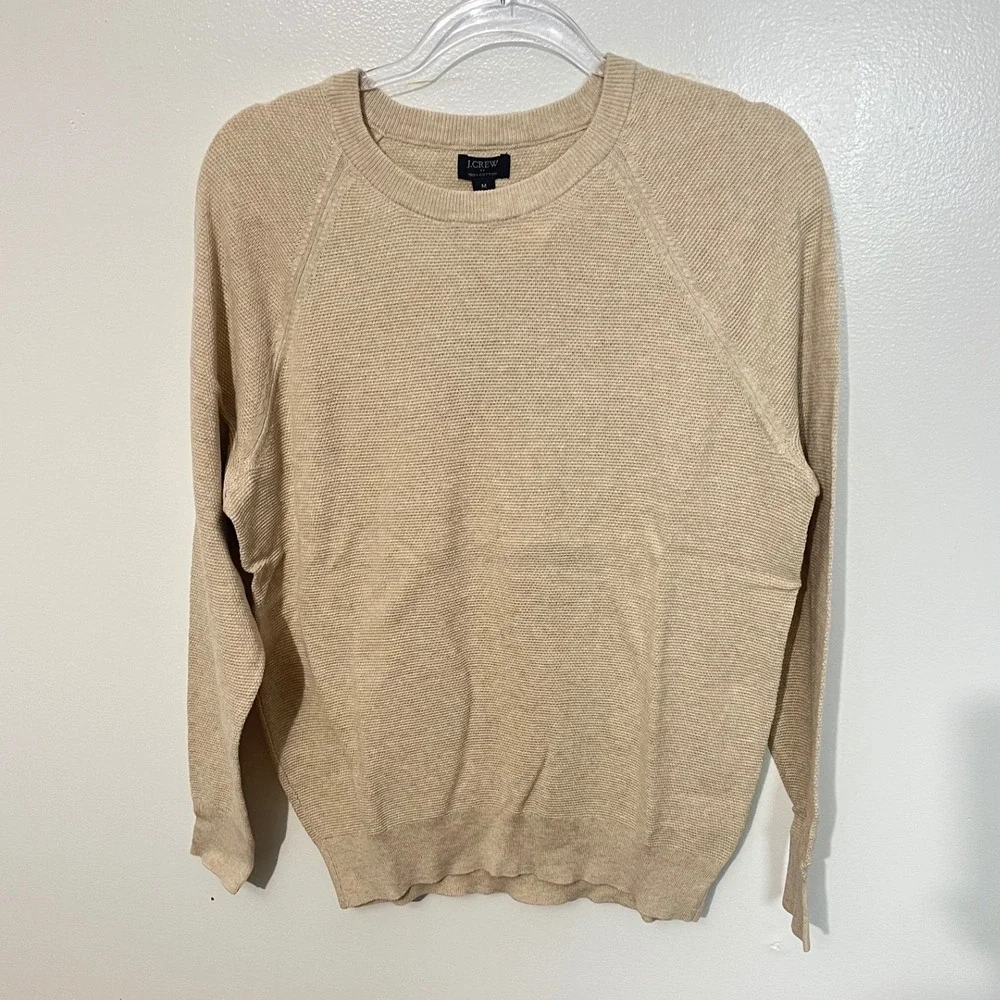 J.Crew Crewneck Sweater Men's Medium Tan 100% Cotton Textured Raglan CD617